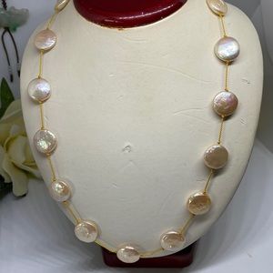12mm beige color coin pearl tin cup necklace. Hand made on Griffin silk cord